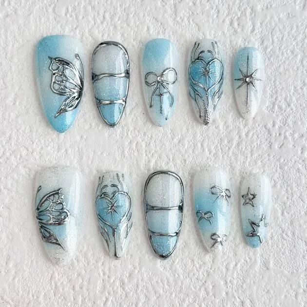 lcy Blue Star Heart Press-On Nails