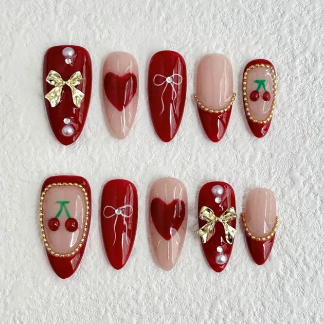 Red Cherry & Bow Press-On Nails