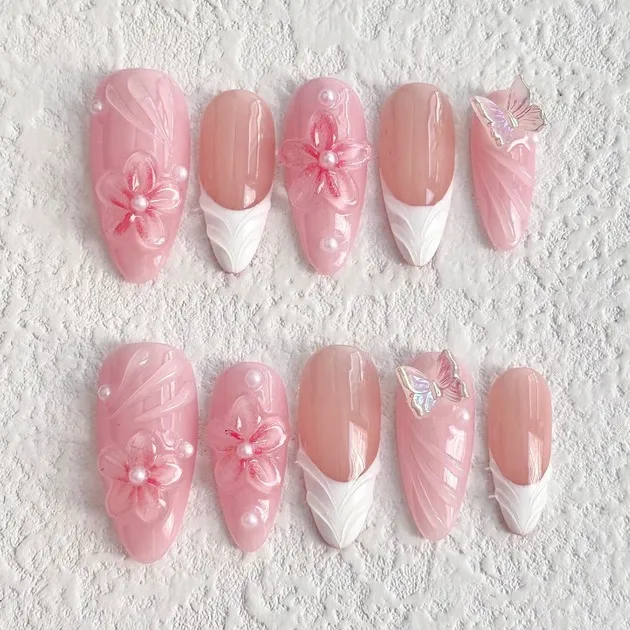 Pink 3D Flower Butterfly Press-On Nails