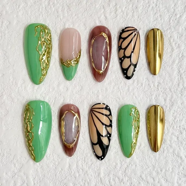 Green Gold Butterfly Wing Press-On Nails