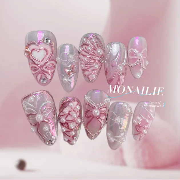 Chrome Pink Pearl Bow Press-On Nails