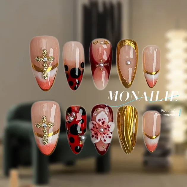 Red Gold Glam Press-On Nails