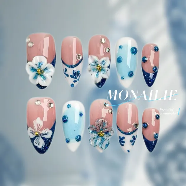 Blue Floral Press-On Nails