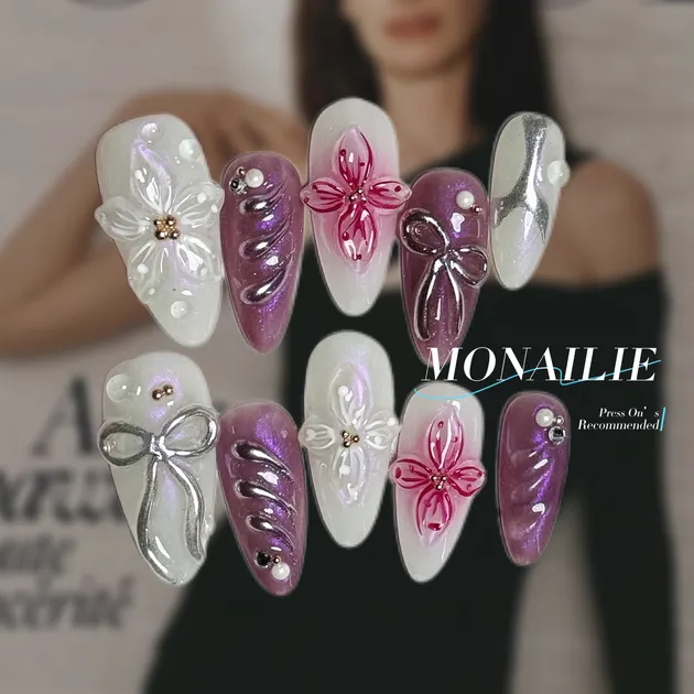 Iridescent Purple Bow & Flower Press-On Nails