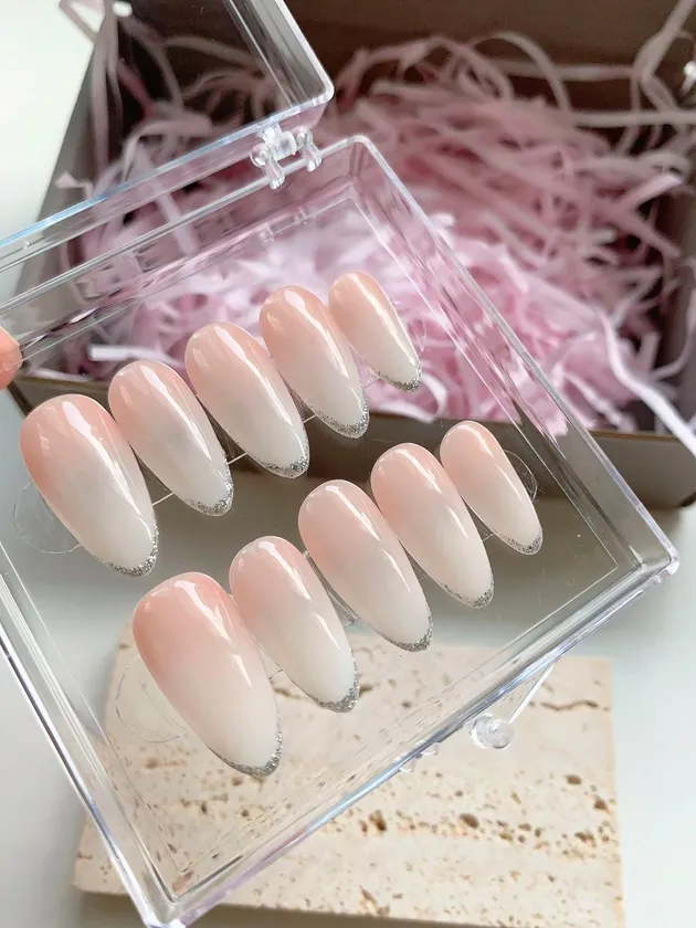Nude Ombre Silver Glitter French Press-On Nails – Elegant Almond Shape