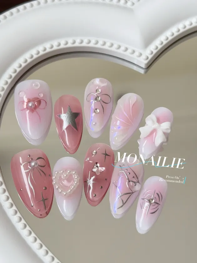 Pink Star & Bow Press-On Nails with Pearls – Celestial Princess Design