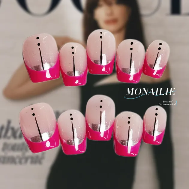 Hot Pink Chrome French Tip Press-On Nails with Minimal Dot Art